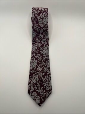 ✨015: Indochino Burgundy Silver Floral Damask Silk Tie